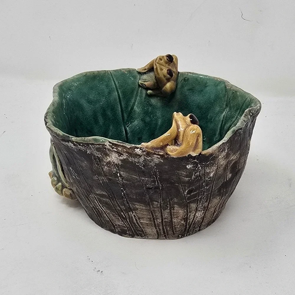 Vtg Majolica‎ style frogs planter ceramic pottery pot green brown
